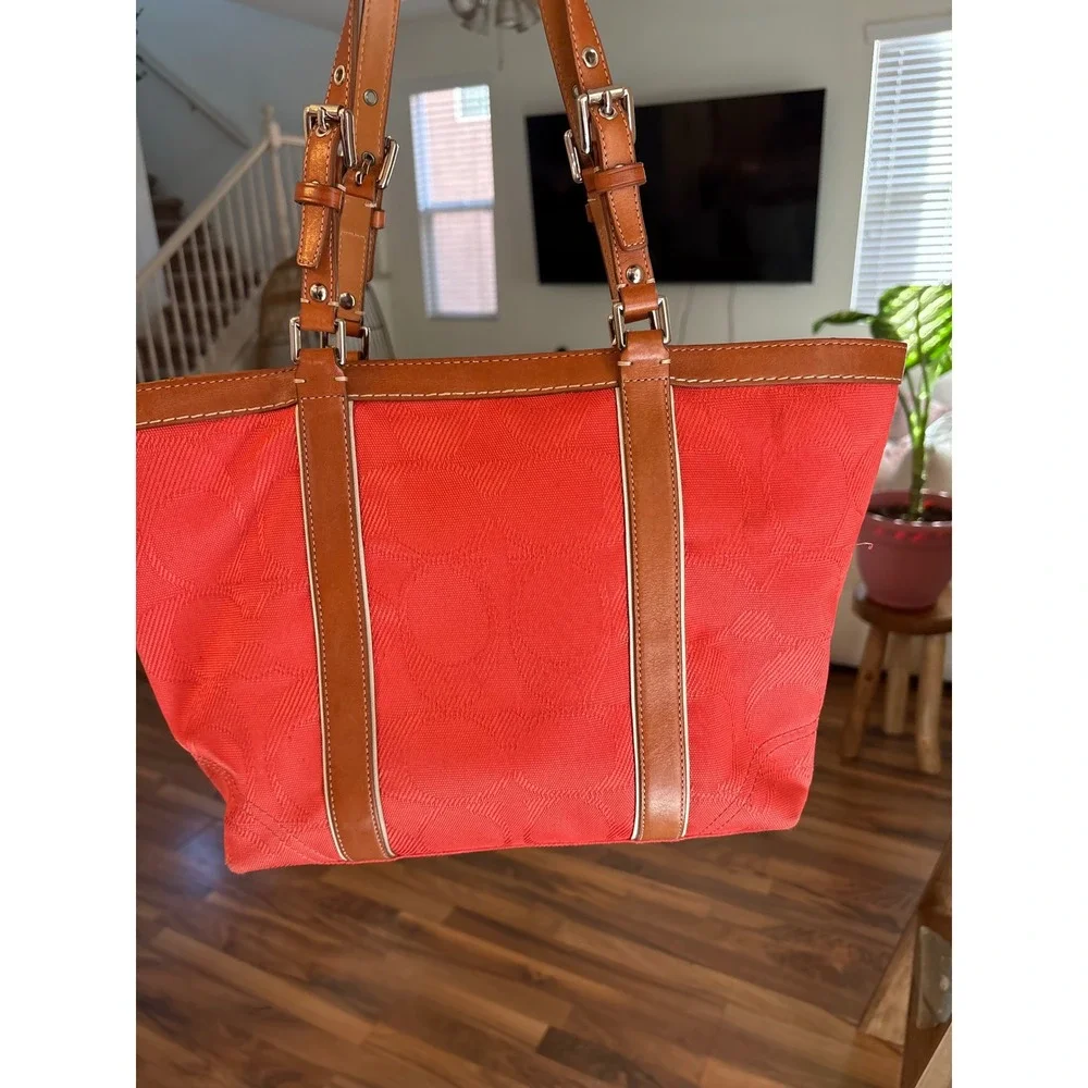 Coach Signature Jacquard Tote Bag Coral Coral Leather Trim‎ Shoulder Bag
